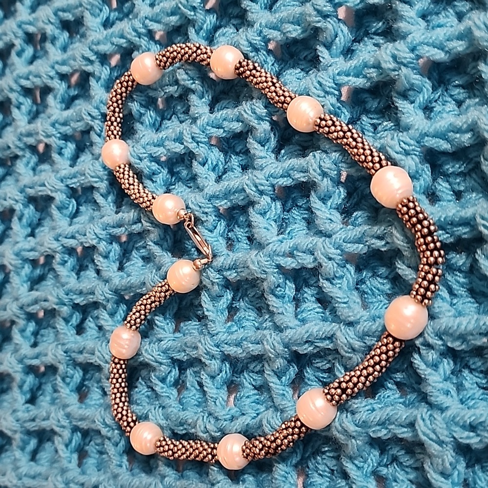 Sterling silver caviar beads and baroque pearl station 17.5" Necklace